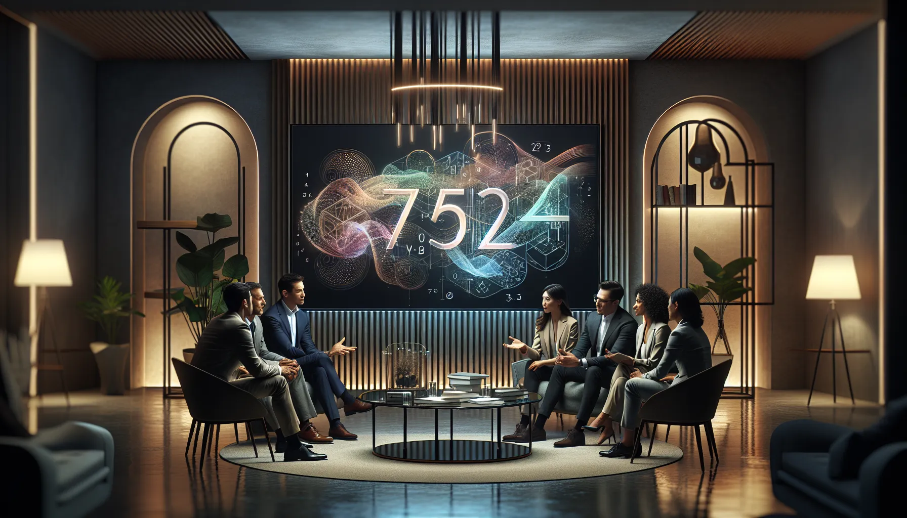 professionals discussing the significance of the number 7576437200 in a modern media room.