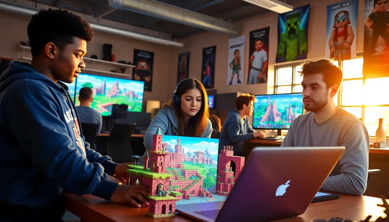 a group of gamers collaborating on Minecraft projects in a lively setting.