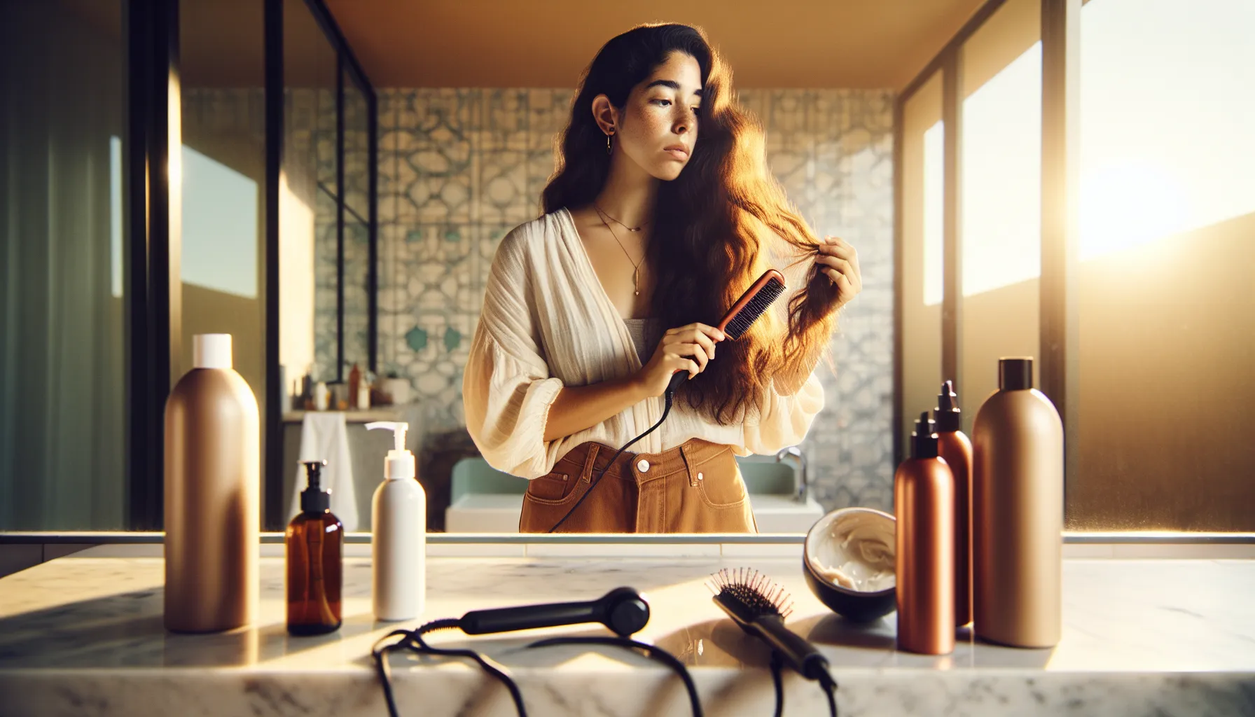 A woman examines her dry hair in a sunlit bathroom.