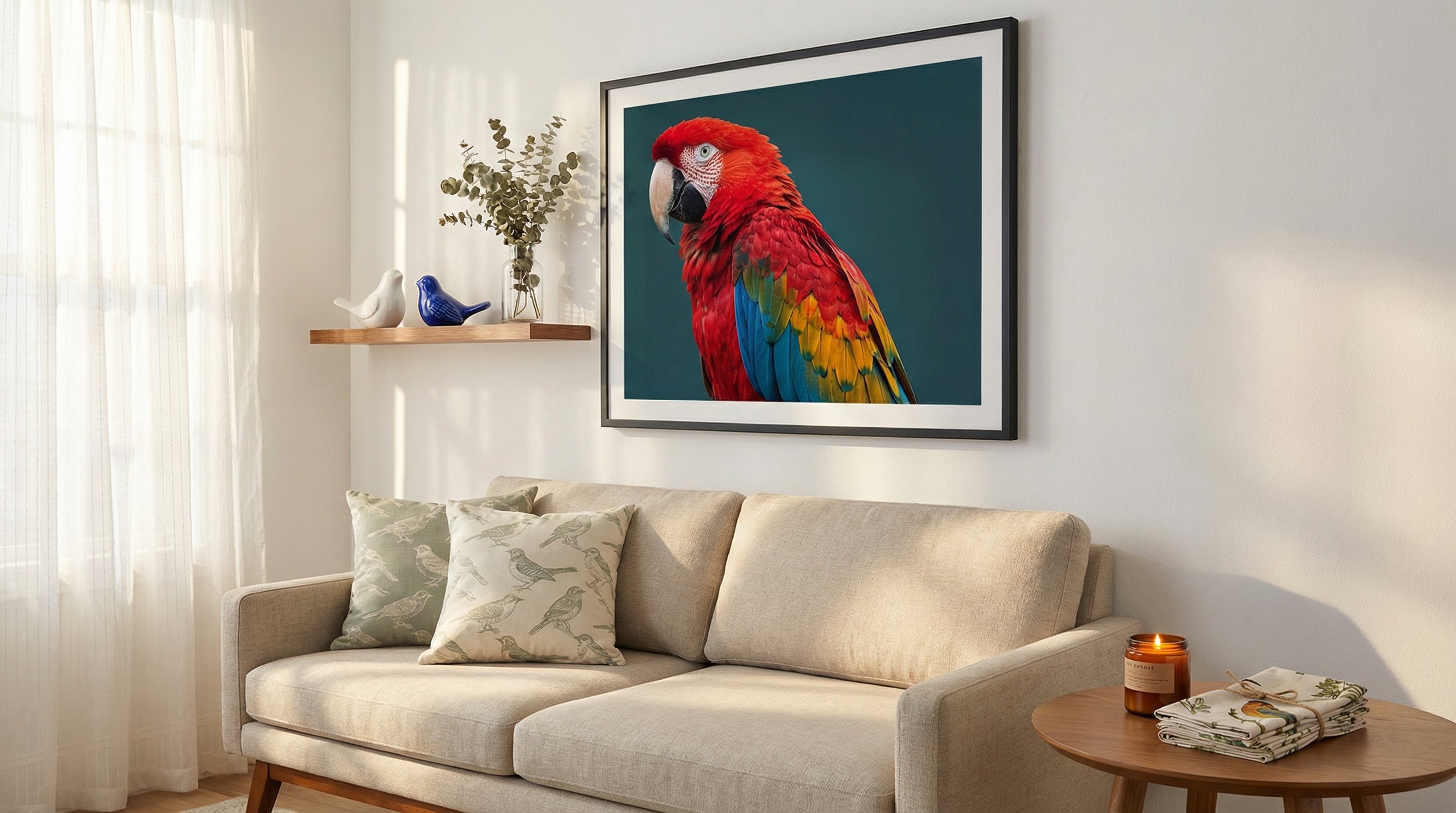 Stylish living room featuring tropical bird wall art and bird-themed décor accents.