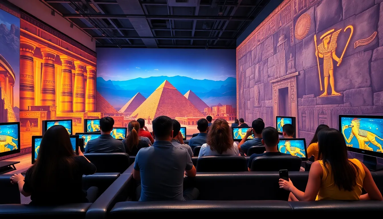 diverse gamers in a modern lounge playing an ancient Egyptian-themed video game.