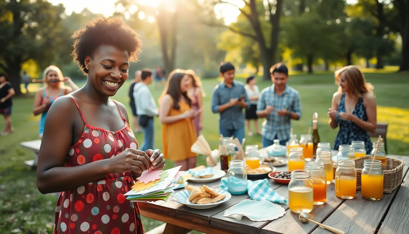 a diverse group enjoying a creative outdoor gathering with homemade decorations.