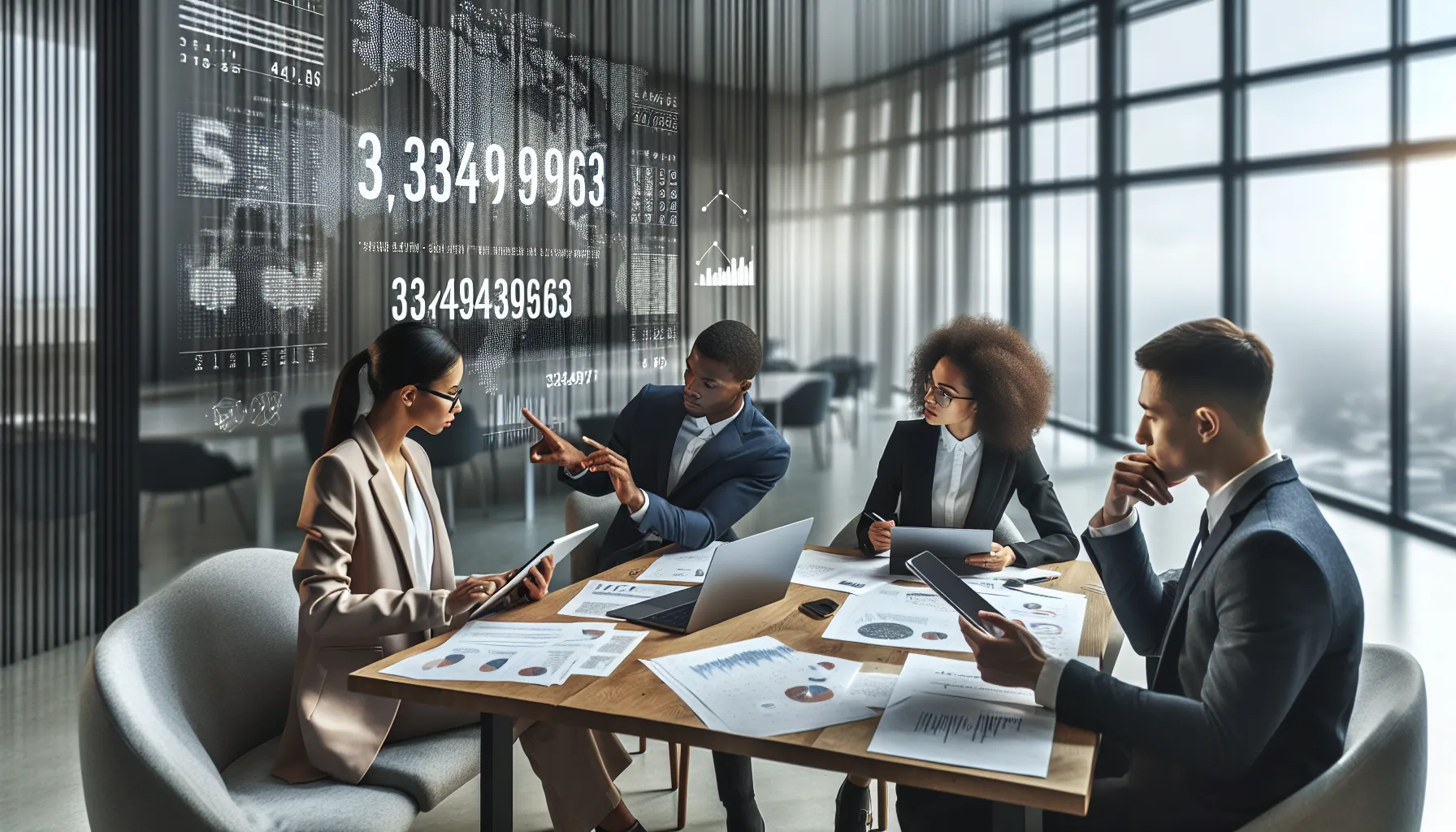 diverse team discussing interpretations of numbers in a modern office.