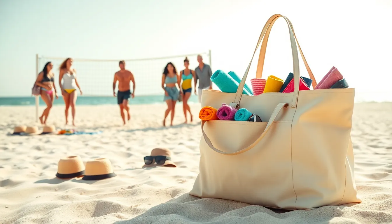 A large beach bag holding towels, swimsuits, and snacks on a sunny beach.