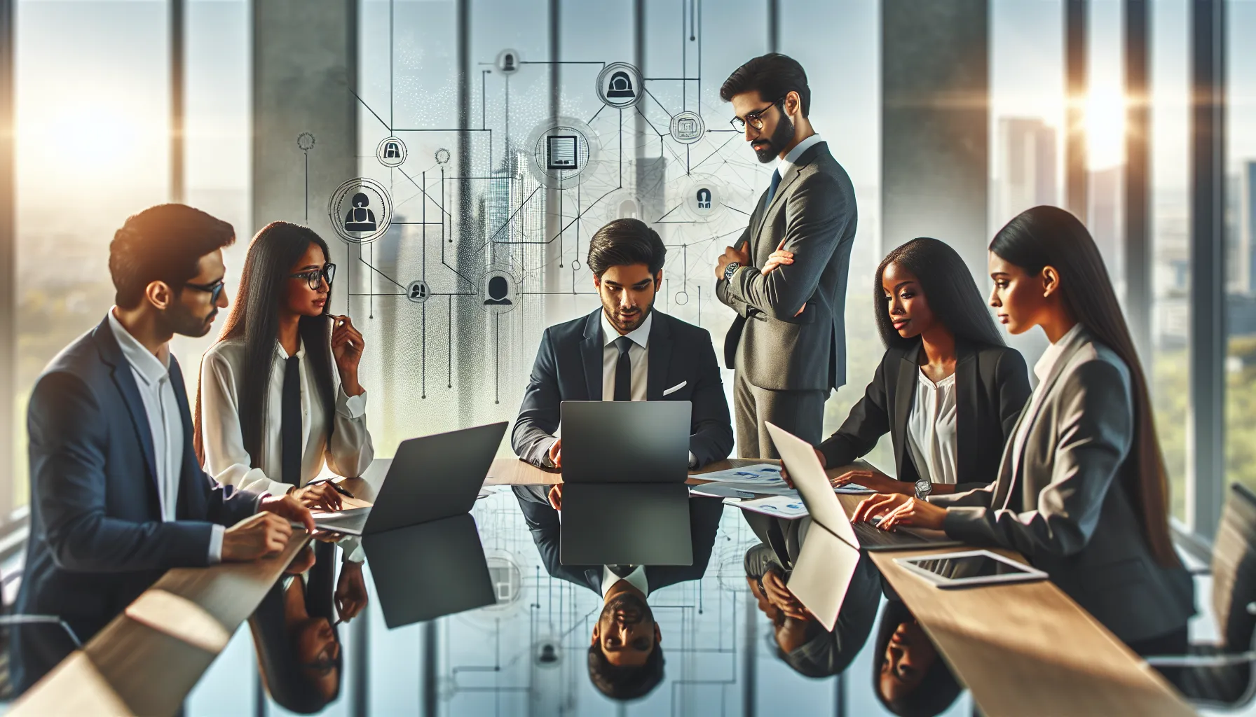 diverse team discussing telecommunications strategies in a modern office.
