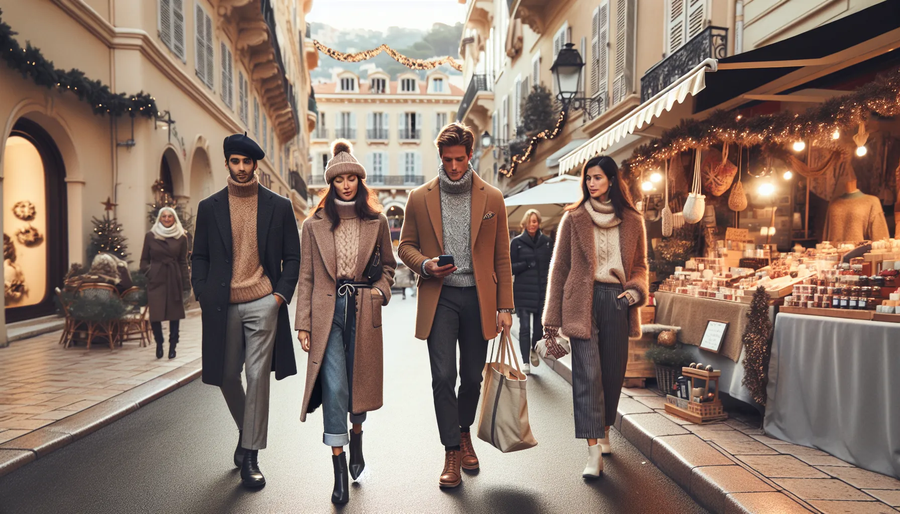 Well-dressed travelers in winter layers sightseeing Monaco’s streets and Christmas market.