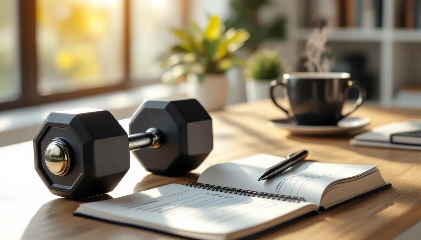 Dumbbells on a wooden desk beside a notebook and coffee in morning light.