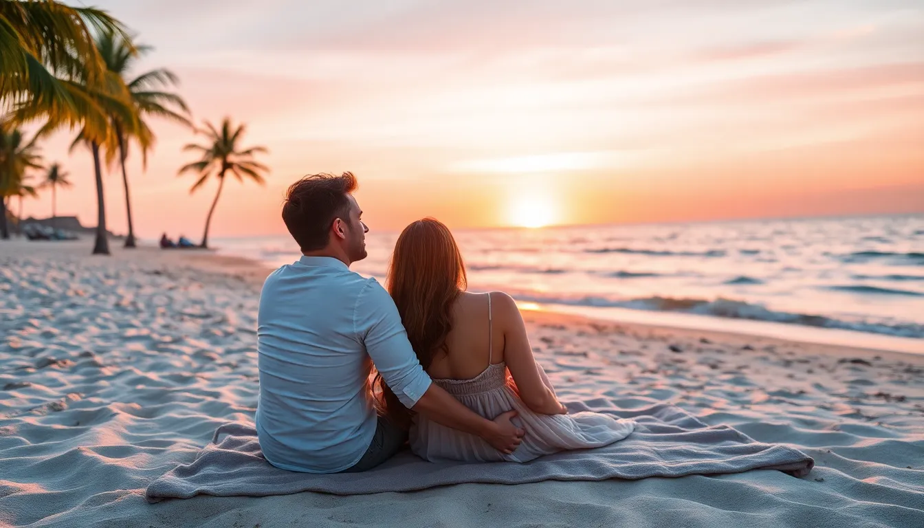 couple enjoying a sunset on a romantic beach vacation.