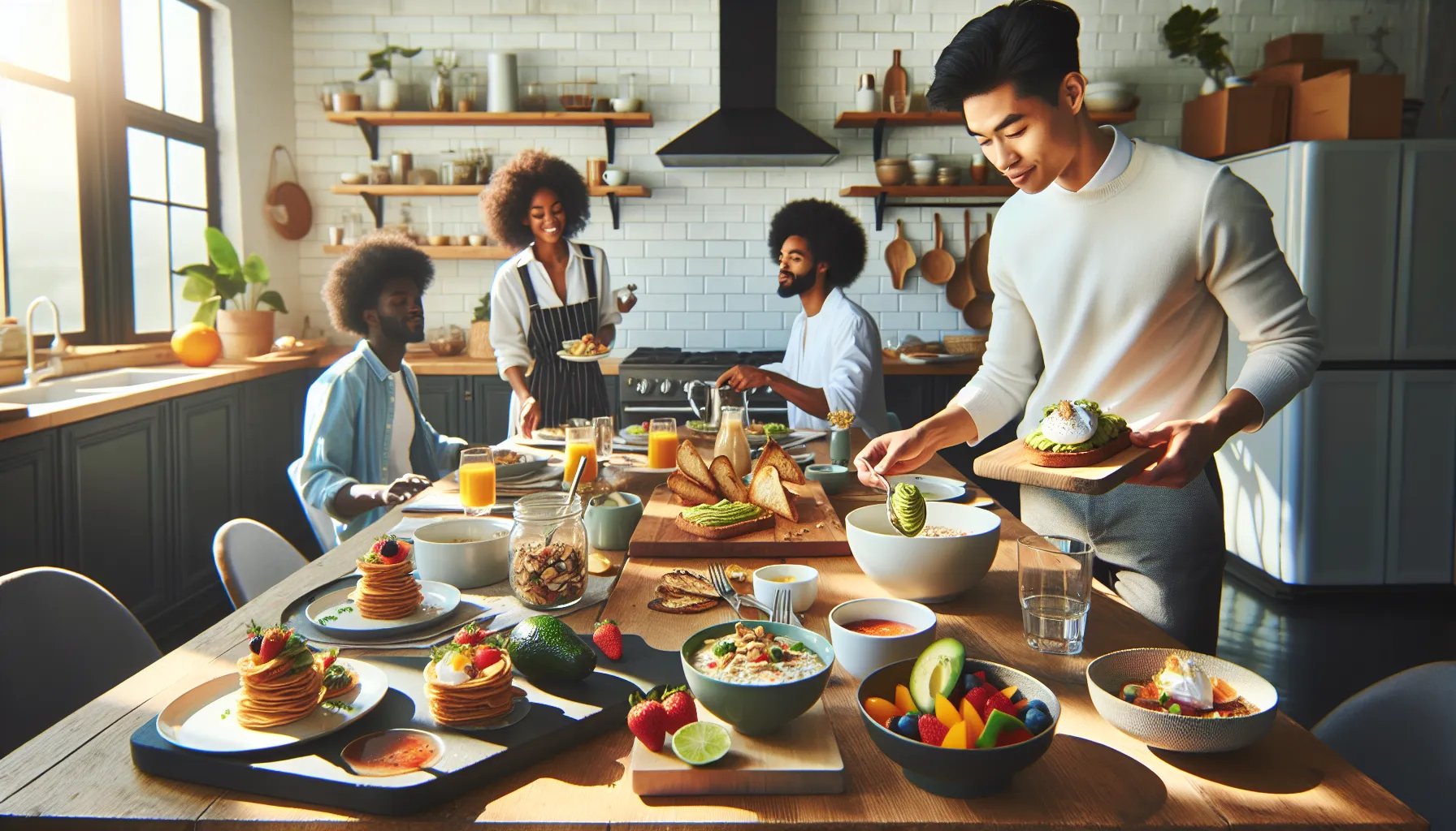 diverse group enjoying a quick brunch with avocado toast and burritos.