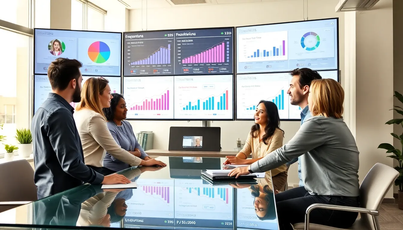 professionals analyzing social media statistics in a modern office.