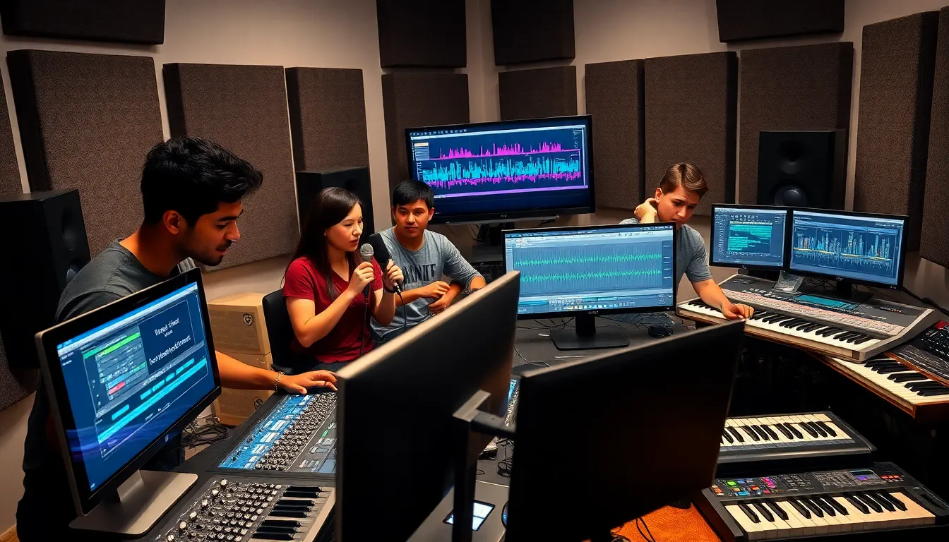 diverse group of professionals working in a modern music studio.