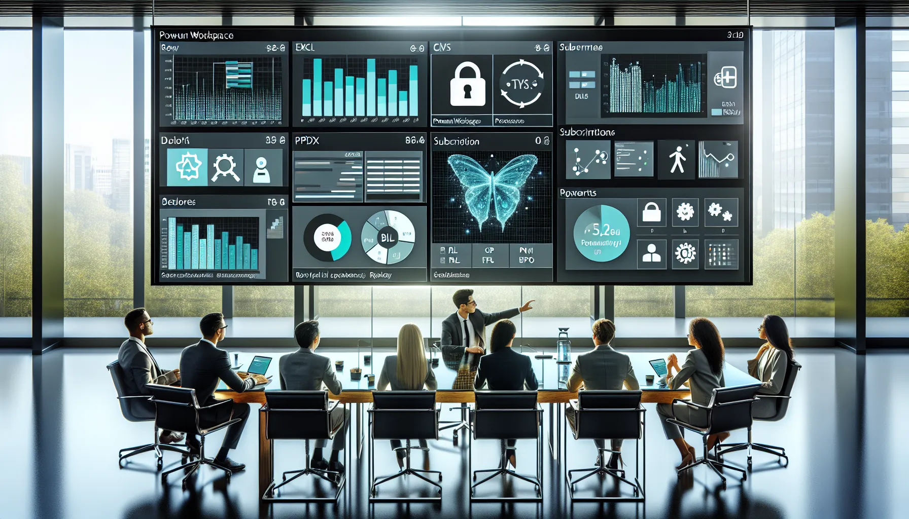 Team reviewing Power BI subscription settings with Excel attachment options on screen.