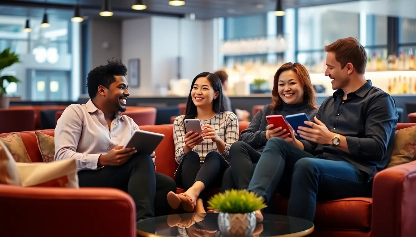 diverse group discussing relationships in a modern lounge.