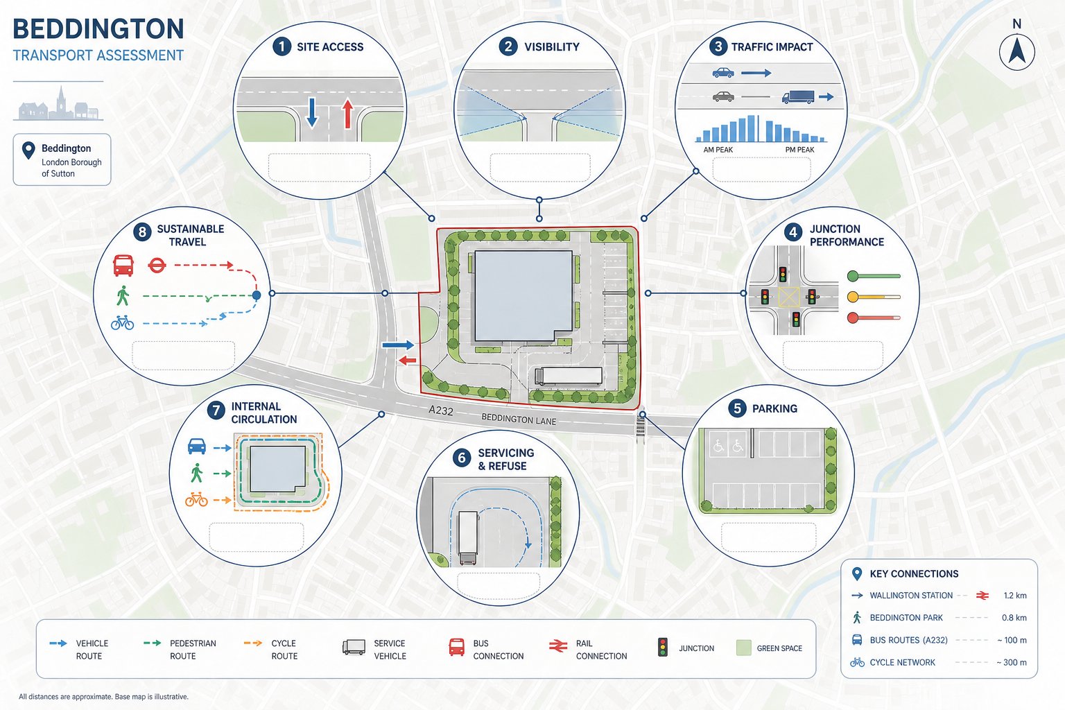 Infographic showing key traffic engineering checks for a development site in Beddington.