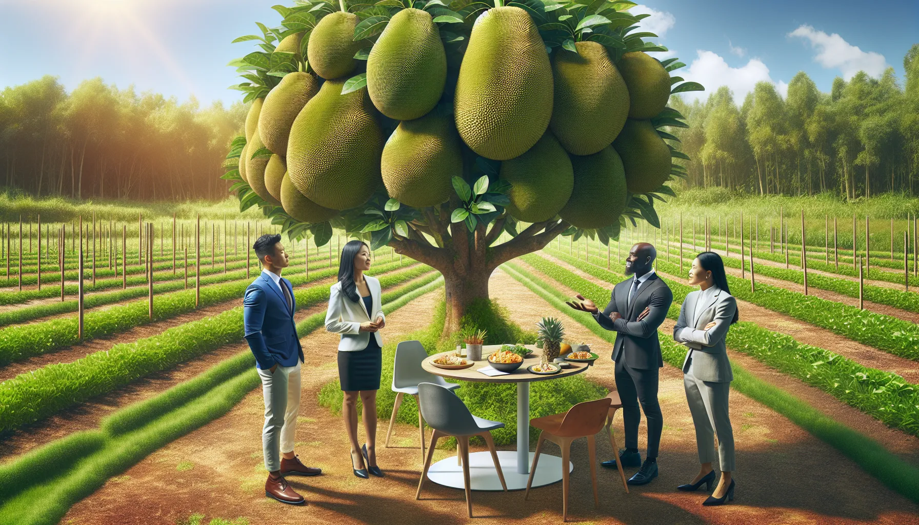 diverse team discussing jackfruit sustainability in an agricultural setting.