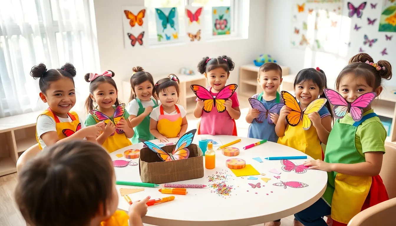 children creating butterfly crafts in a bright classroom.