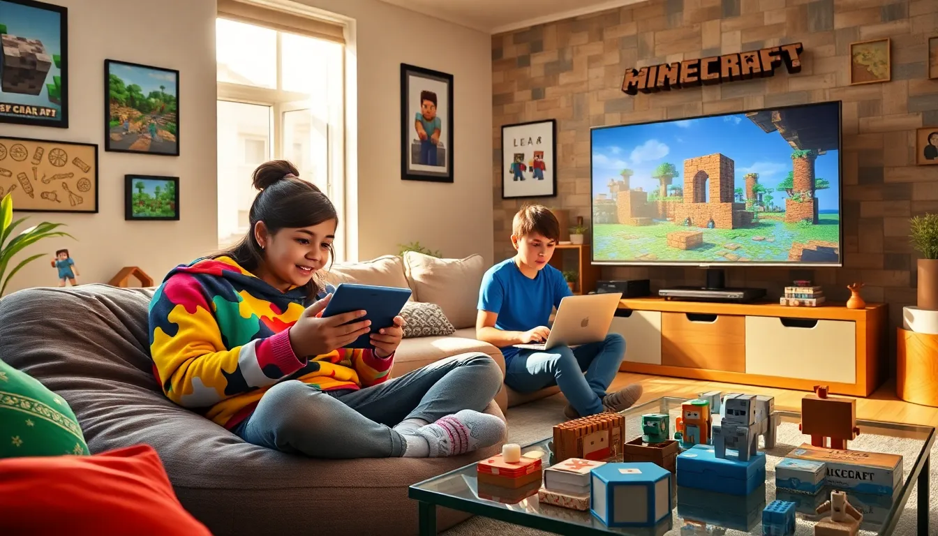 A cozy living room scene with players enjoying Minecraft updates on different devices.