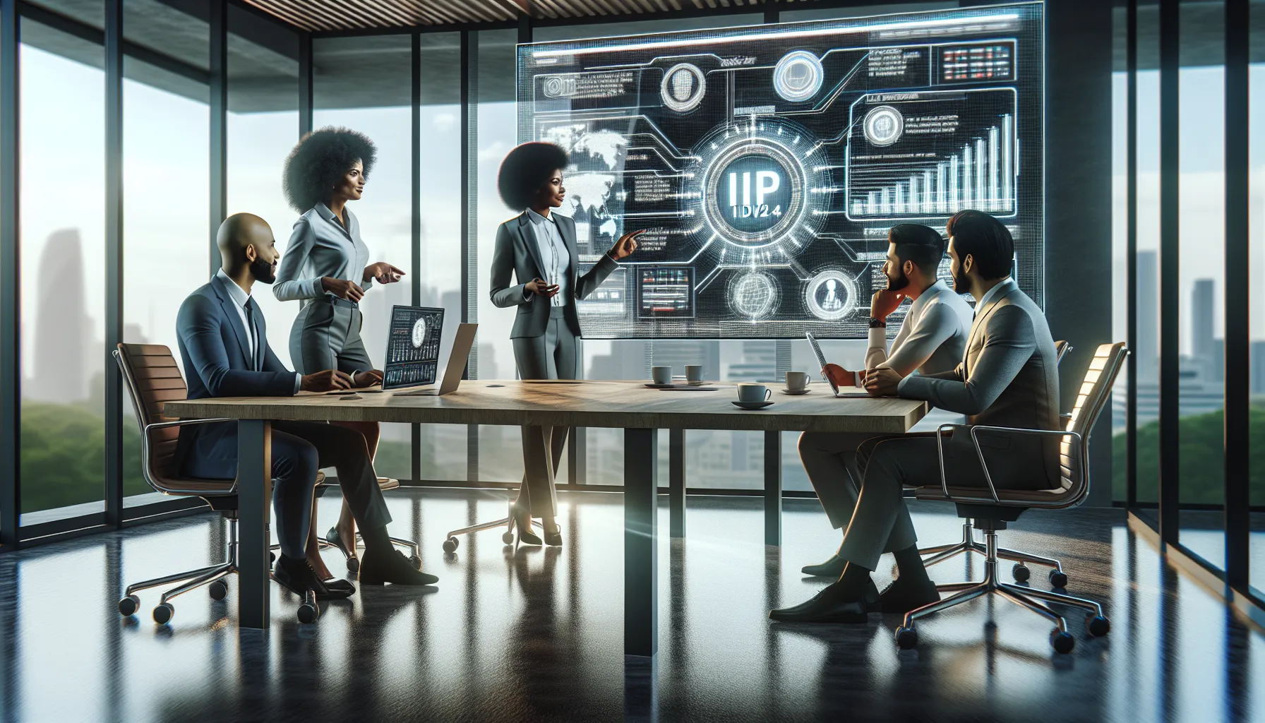 IT team discussing IP address types in a modern office.