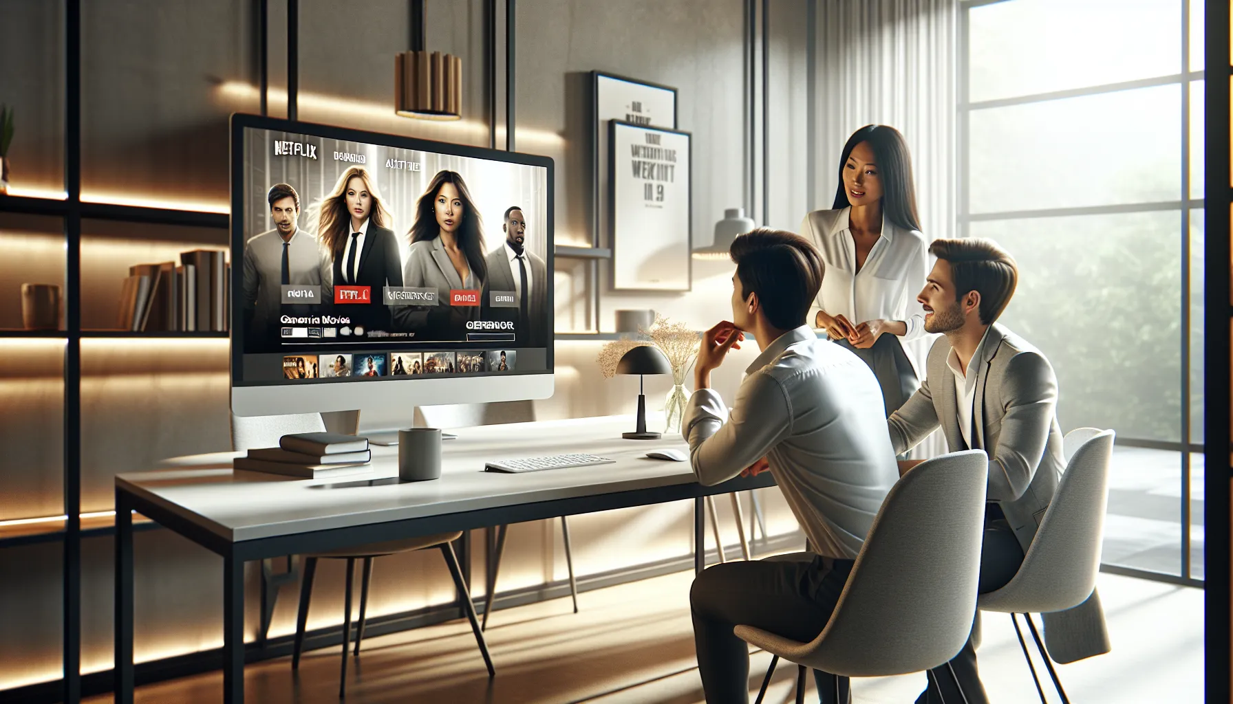 diverse team discussing movie streaming options in a modern office.