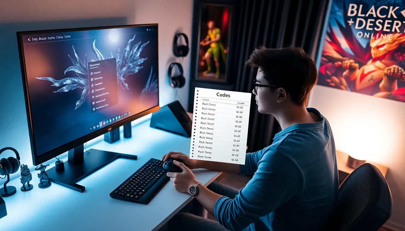 gamer at a desk with Black Desert Online codes on screen.