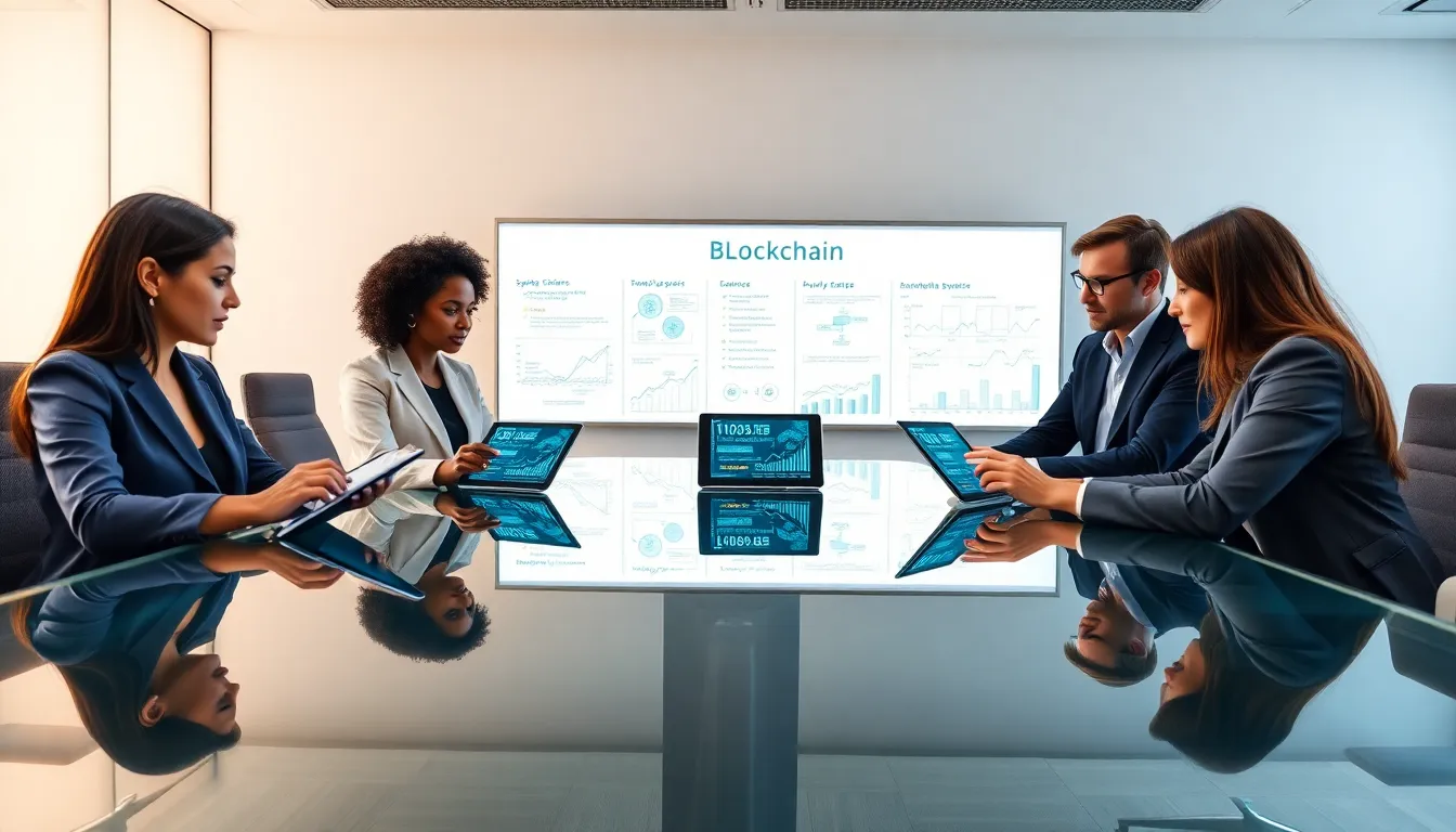 diverse team discussing blockchain technology in a modern office.