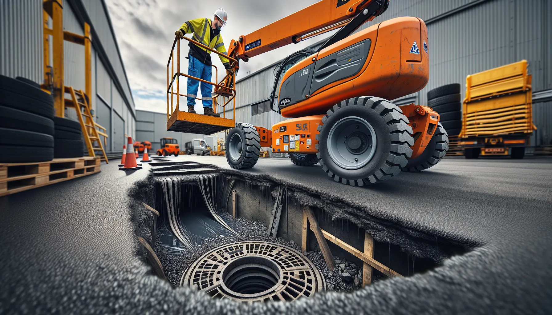 Boom lift on uneven, icy norwegian yard, operator assessing unstable ground conditions.
