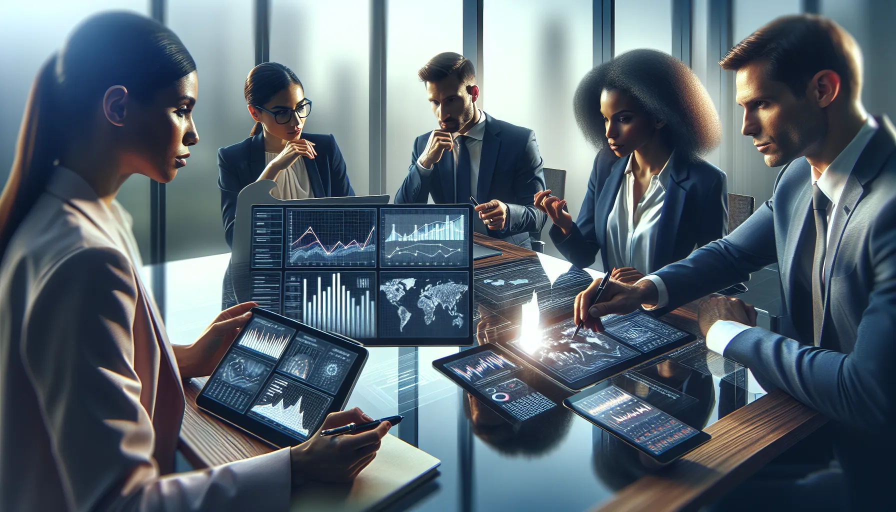 Diverse team analyzing data trends in a modern office.