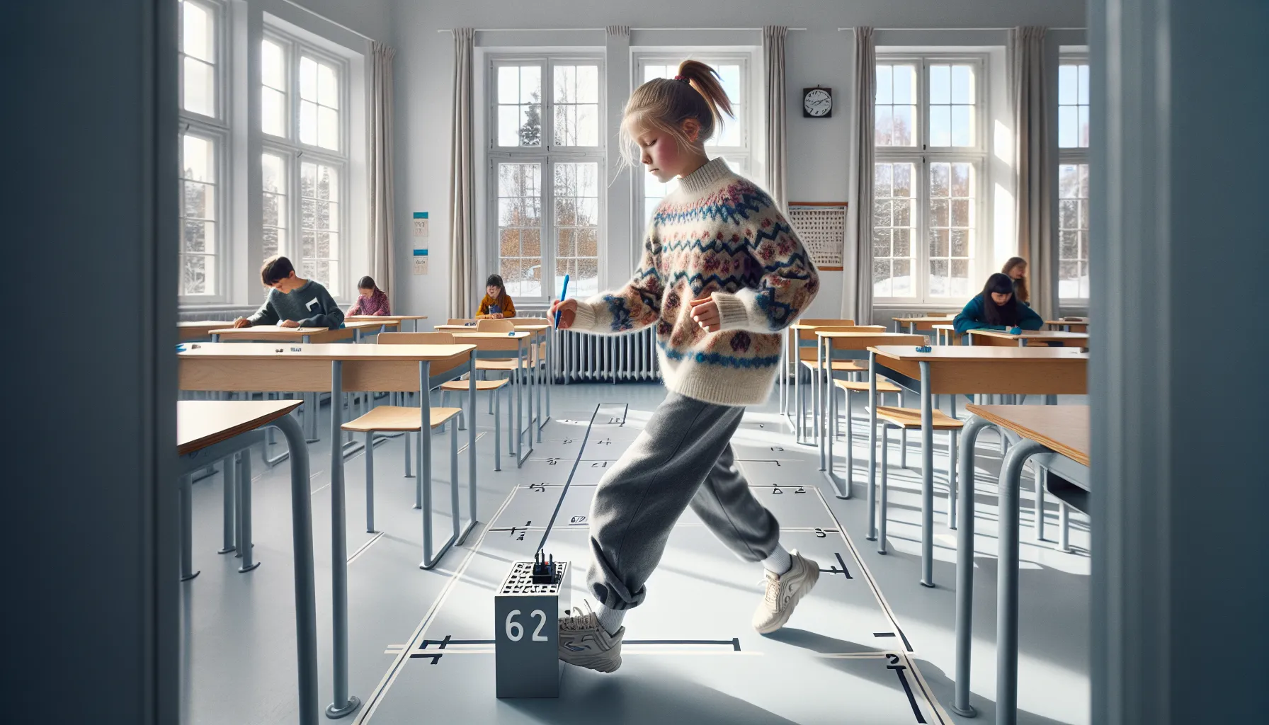 Fordelene med fysisk aktivitet i skolehverdagen 3 Norwegian students sprint between learning stations, solving tasks under a teacher’s timing.