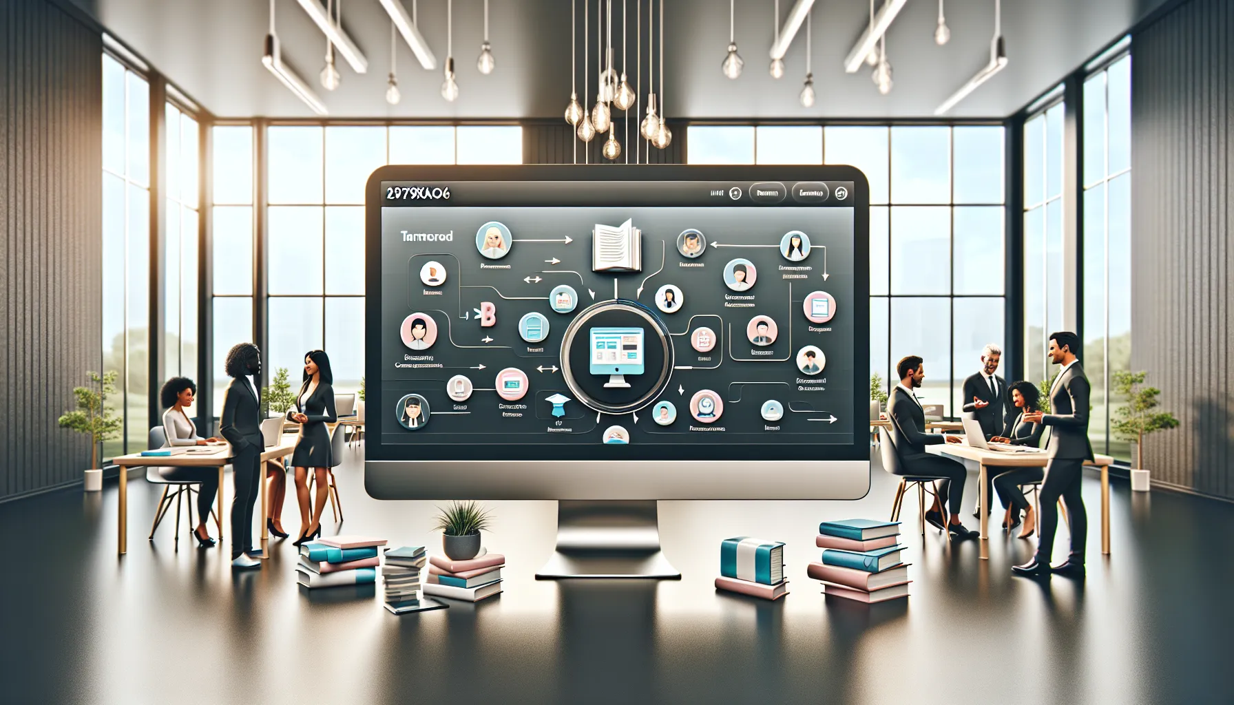diverse professionals collaborating over a computer in a modern office.