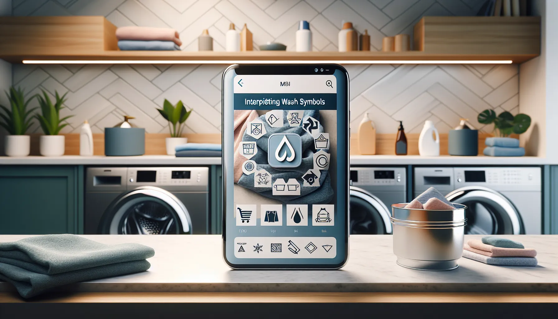 Smartphone displaying wash symbols guide in a modern laundry room.