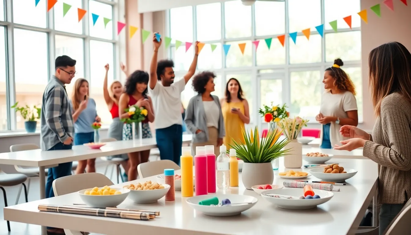 friends decorating for a budget-friendly celebration in a community center.