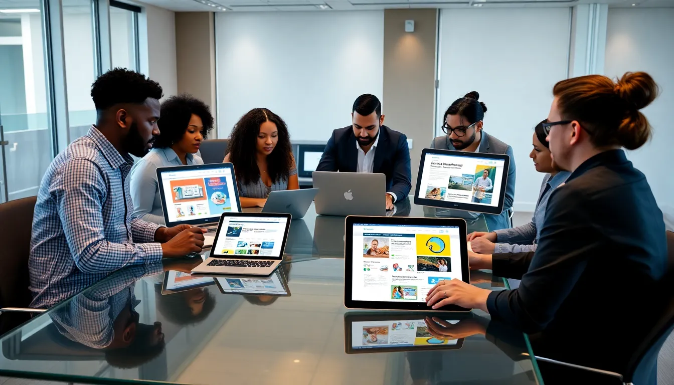 diverse team collaborating on a design platform in a modern office.