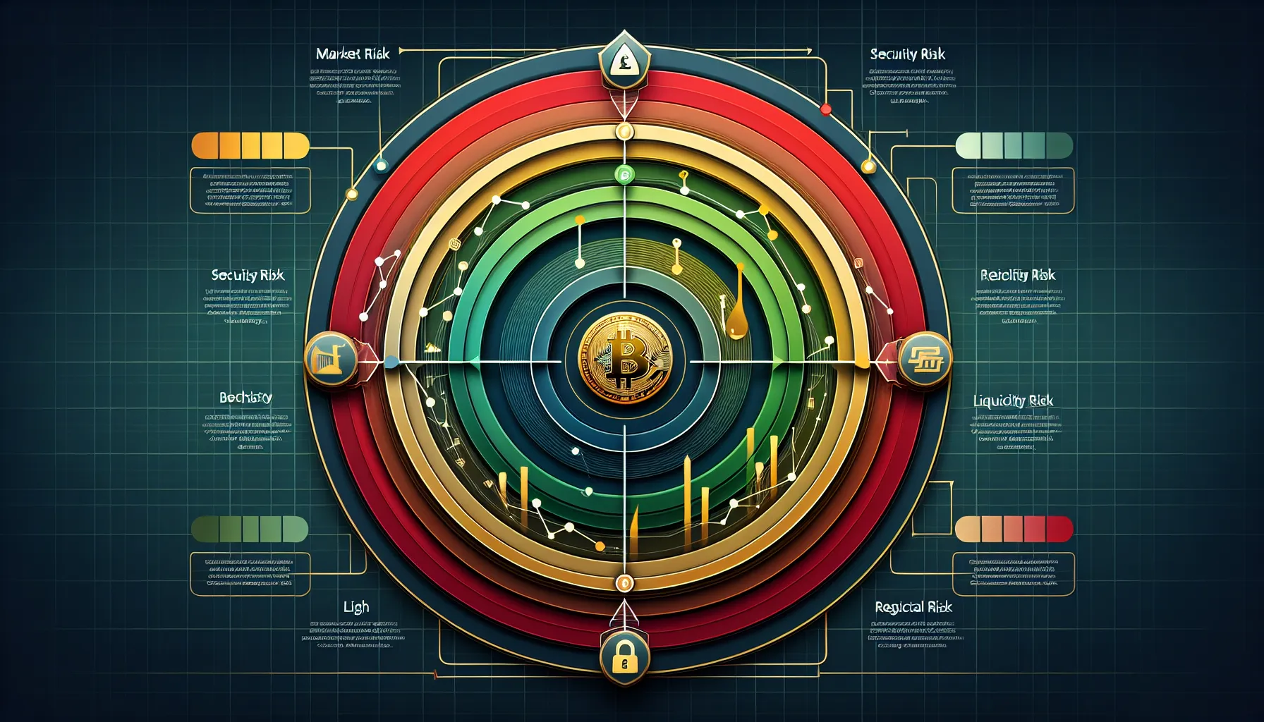 Circular diagram showing four types of cryptocurrency investment risks with protection shield center.