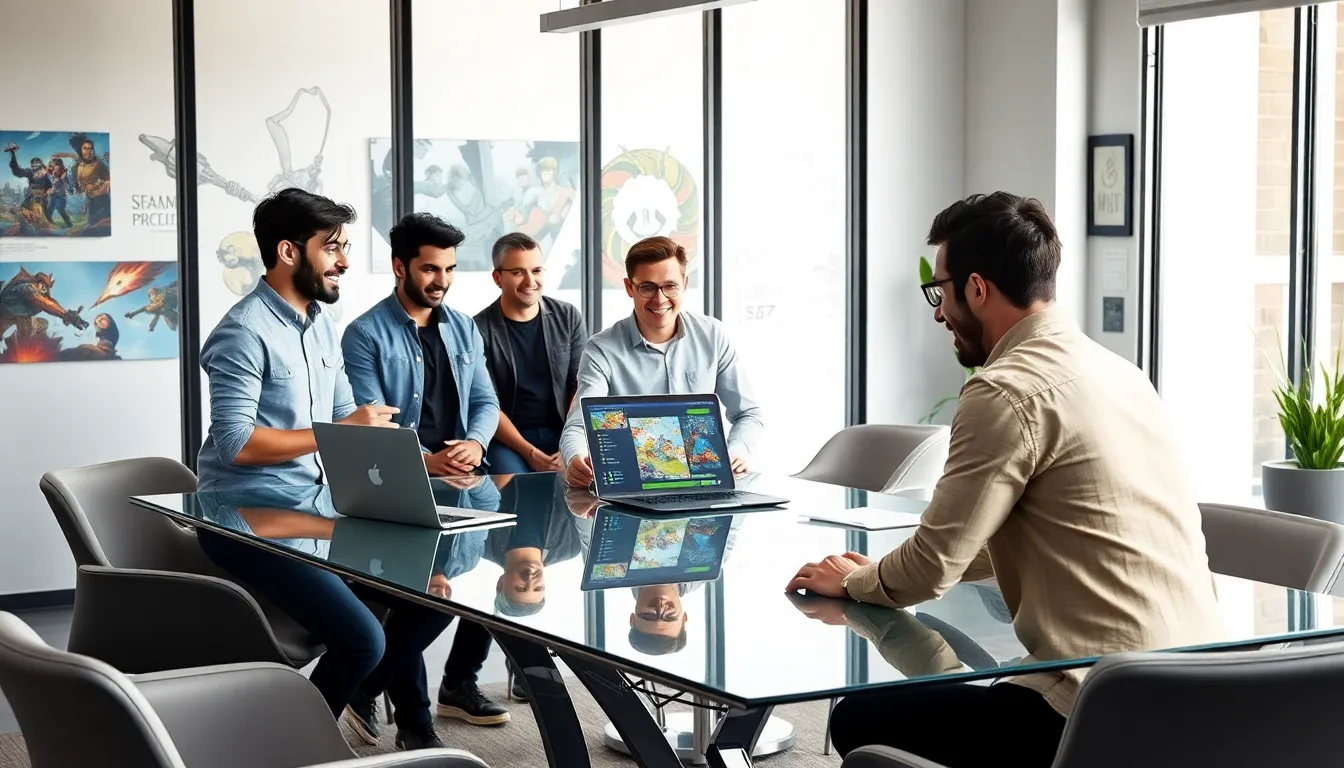 diverse game developers brainstorming ideas in a modern office.