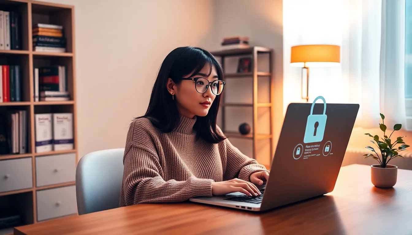 A woman working at a desk with cybersecurity software on her laptop.