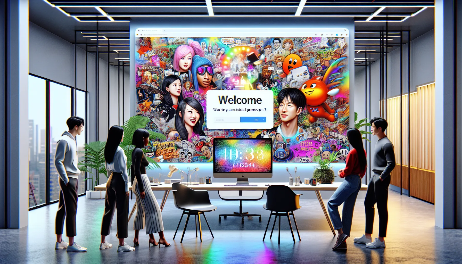 diverse team discussing digital identity around a modern workspace.