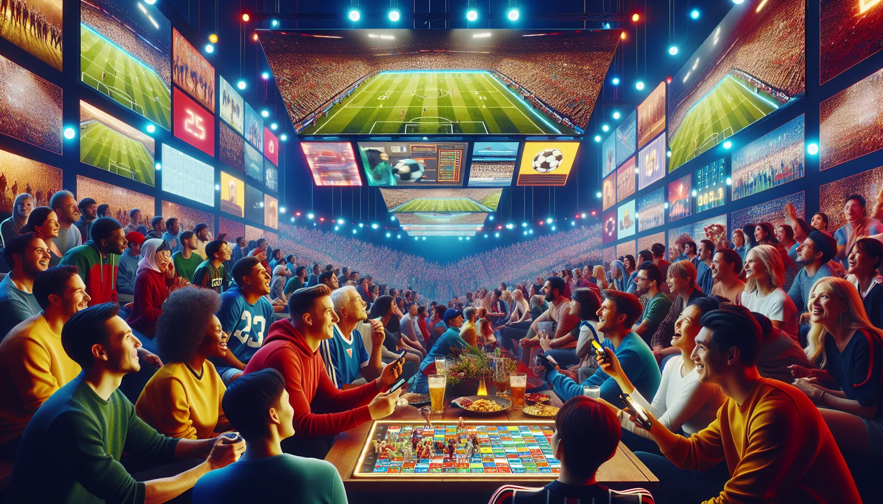 diverse fans engaging during a live sports viewing party.