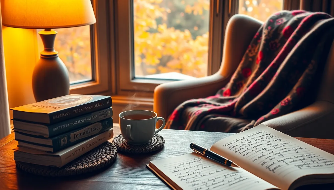 a cozy book nook with Nolmenes Palken's books and a warm atmosphere.