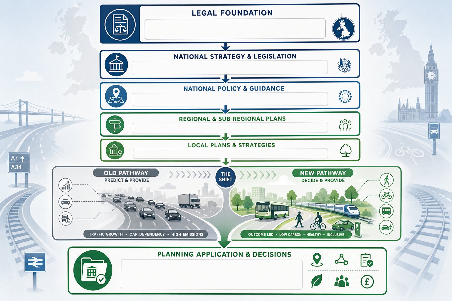 UK net zero transport planning policy framework and decision-making flow infographic.