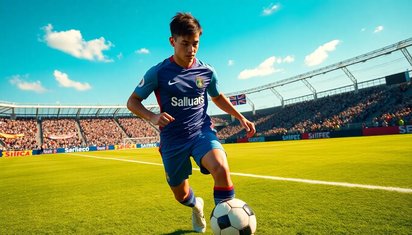 Neldanos Kimsel dribbling a soccer ball on a lively sports field.