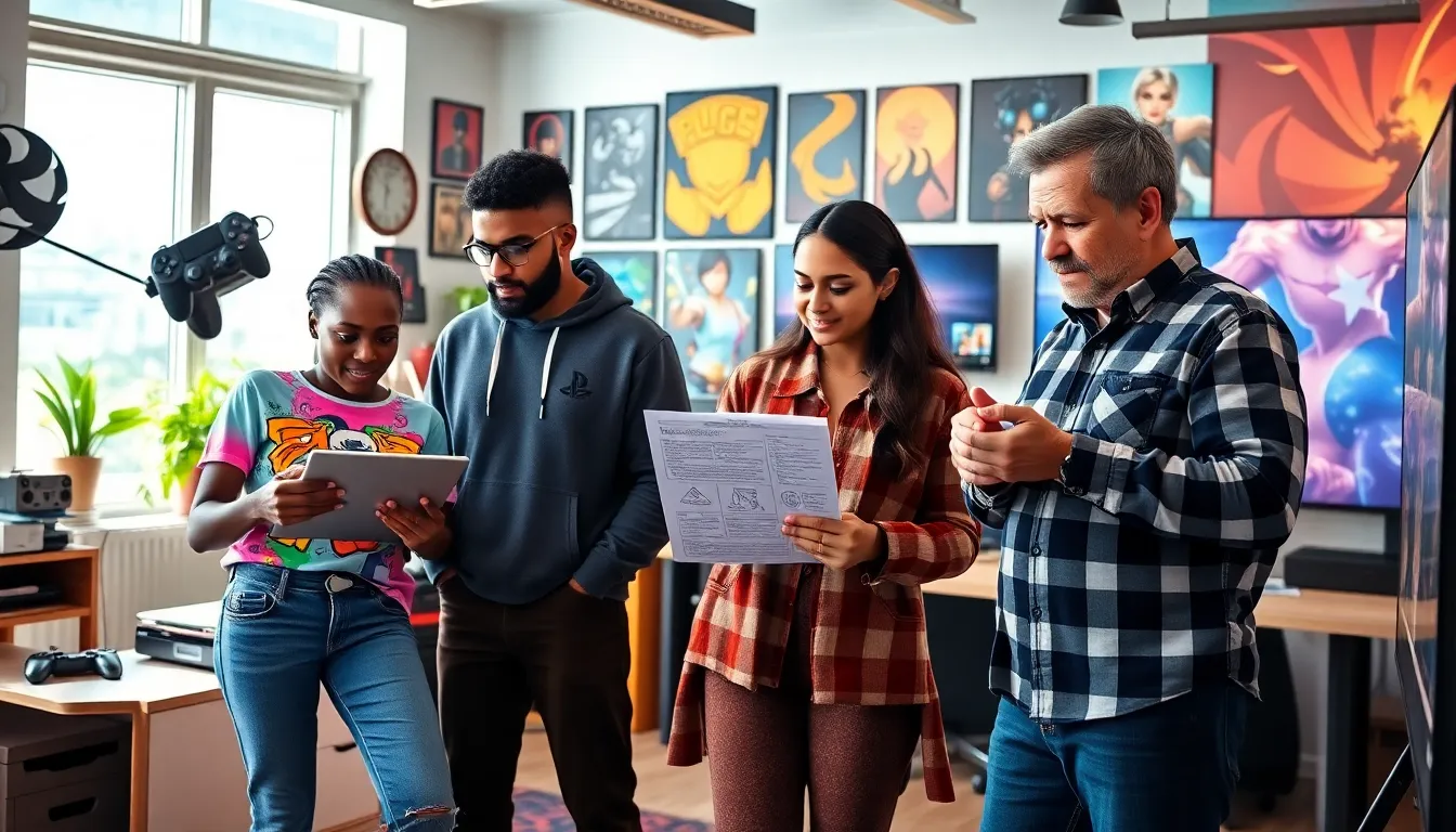a diverse team of game developers collaborating in a modern studio.