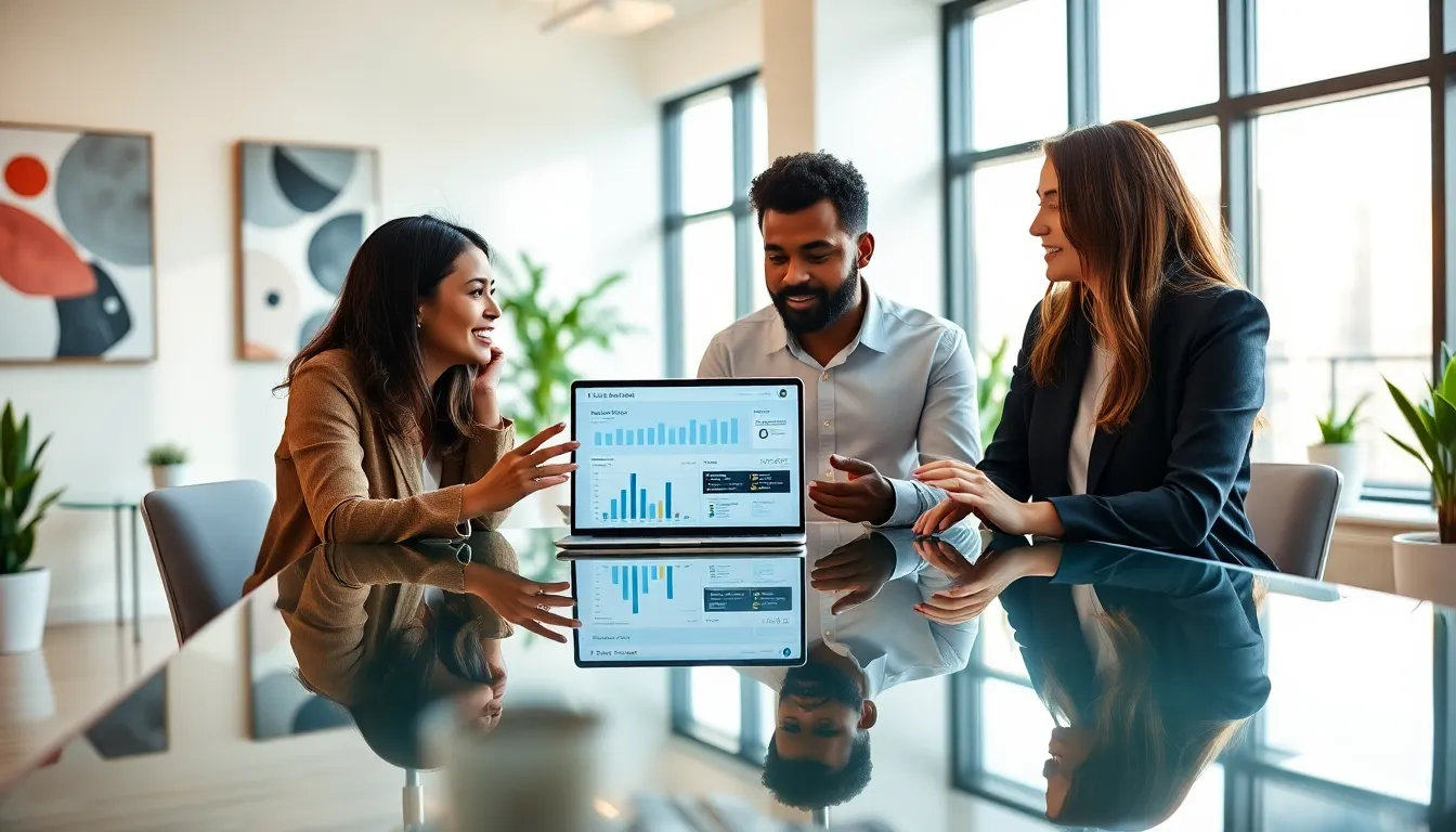 diverse team collaborating on social media content in a modern office.
