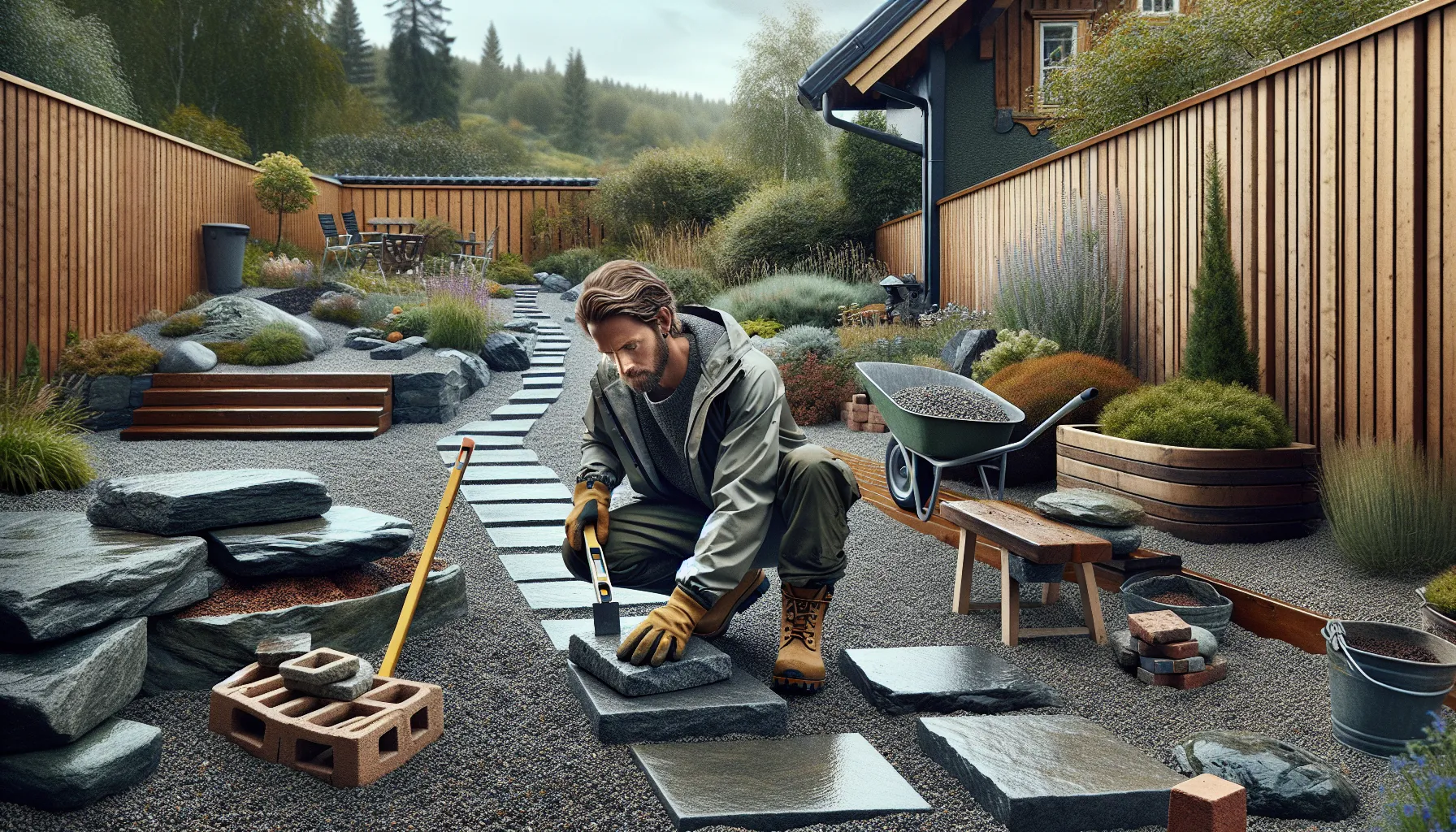 Person laying reused stone path with gravel joints in a norwegian garden.