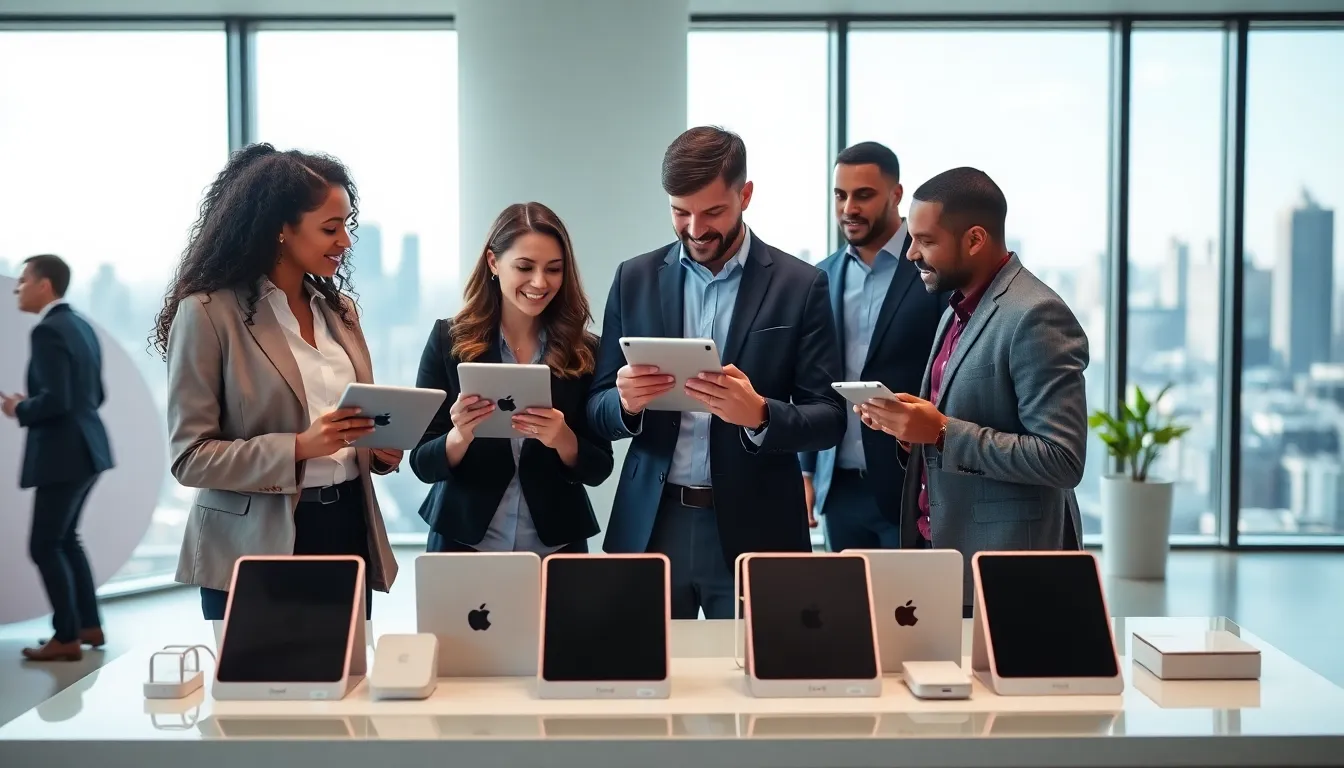 professionals examining refurbished iPads in a modern office.