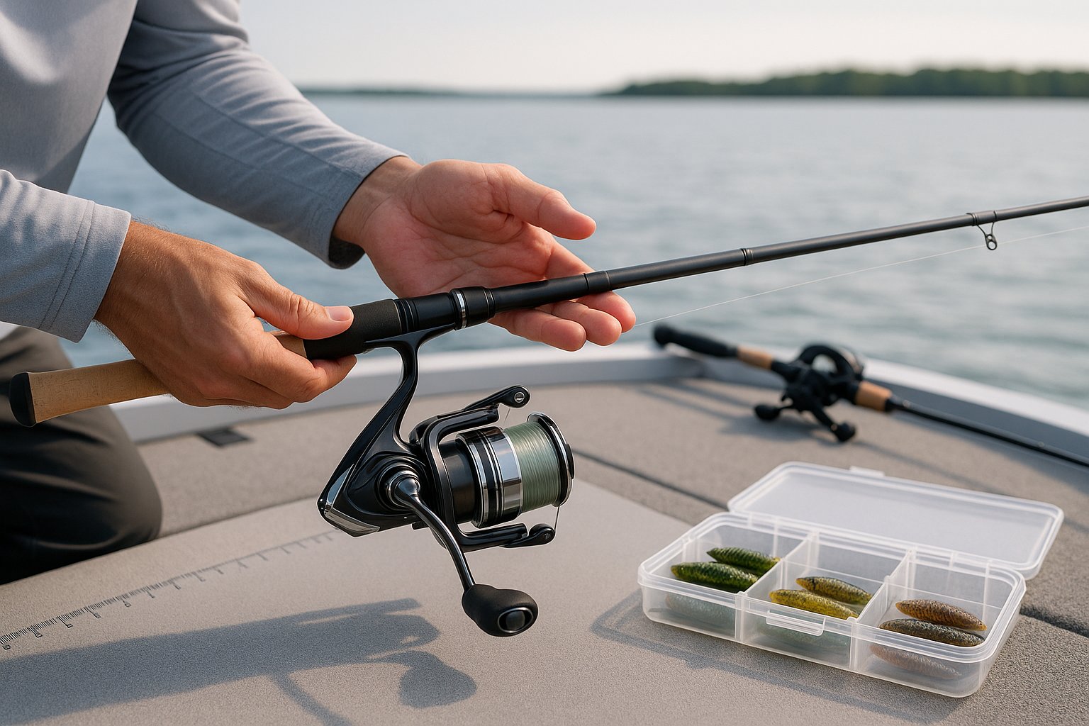 Angler balancing a fishing rod and reel on a boat deck.