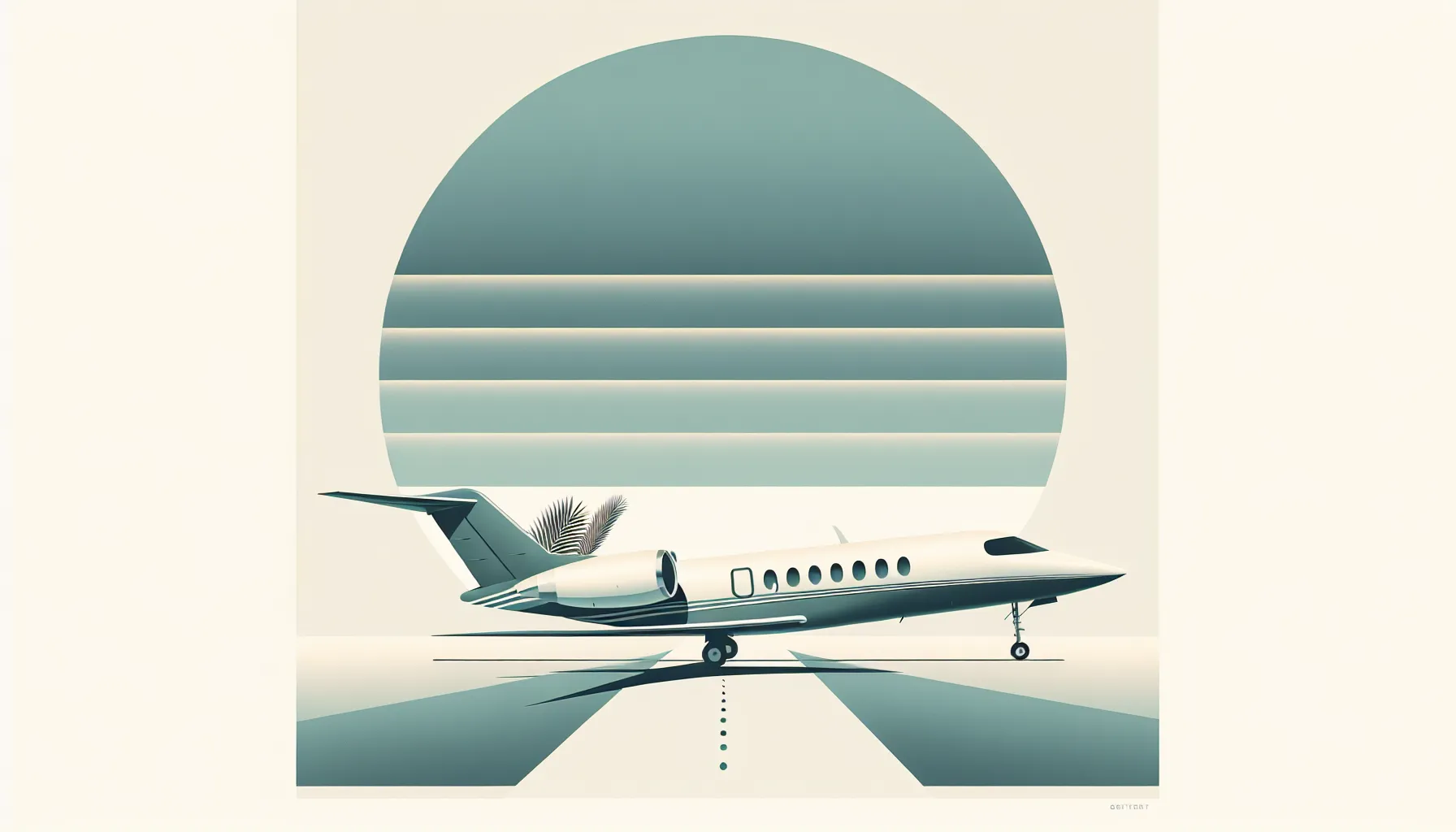 a minimal private jet with a palm frond in a simple, bright scene