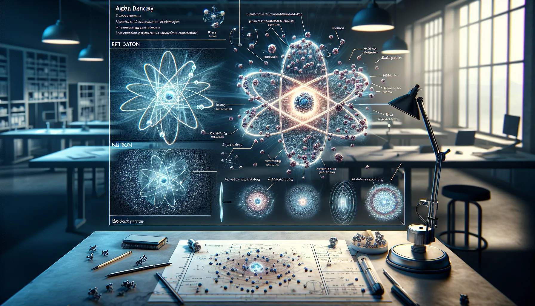 Illustration of alpha and beta decay with atomic and nuclear elements.