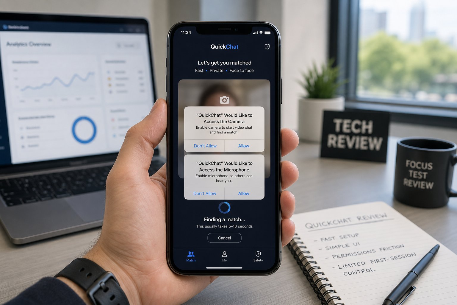 Smartphone showing camera and mic permissions during a video chat app setup.