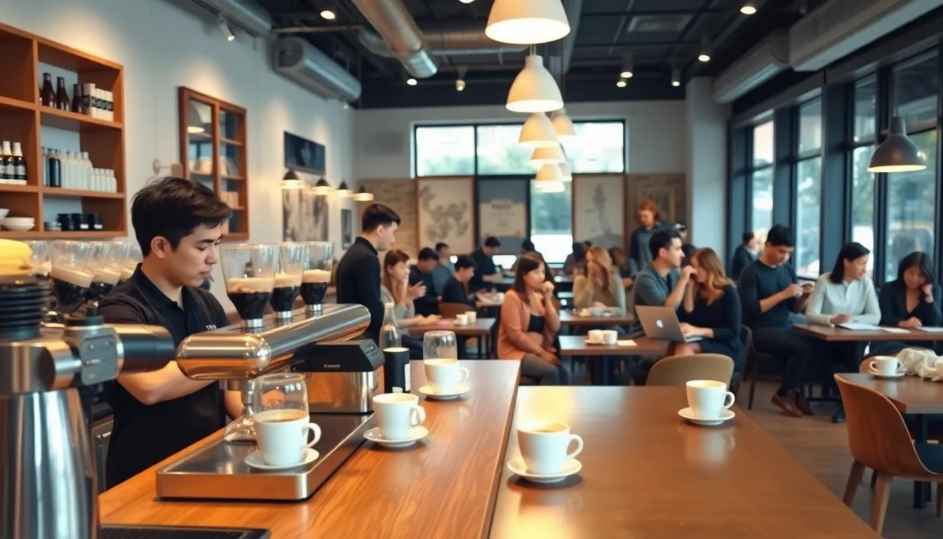 diverse people enjoying coffee in a modern caf&eacute; setting.