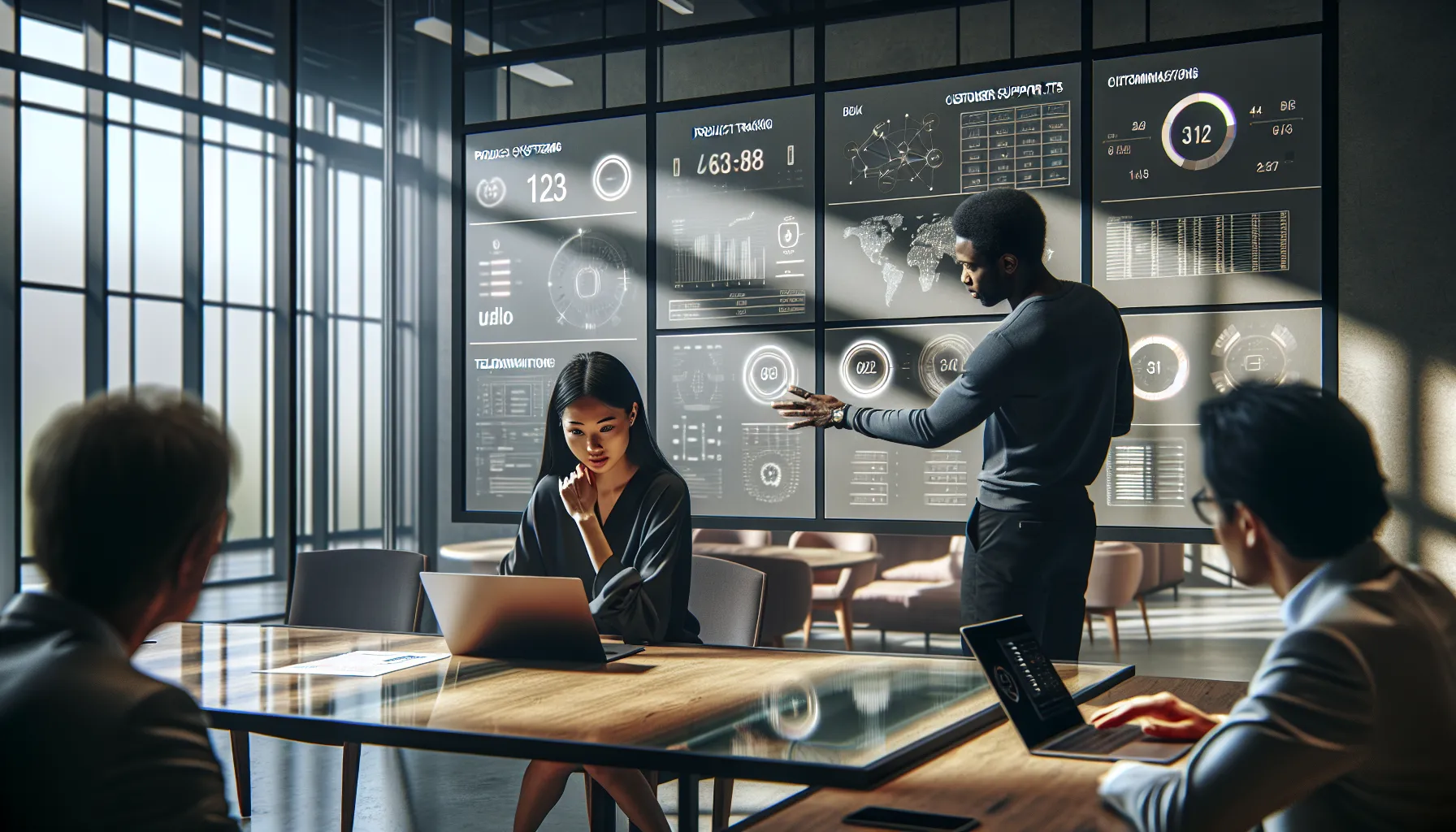 diverse professionals collaborating in a modern office about telecommunications data.